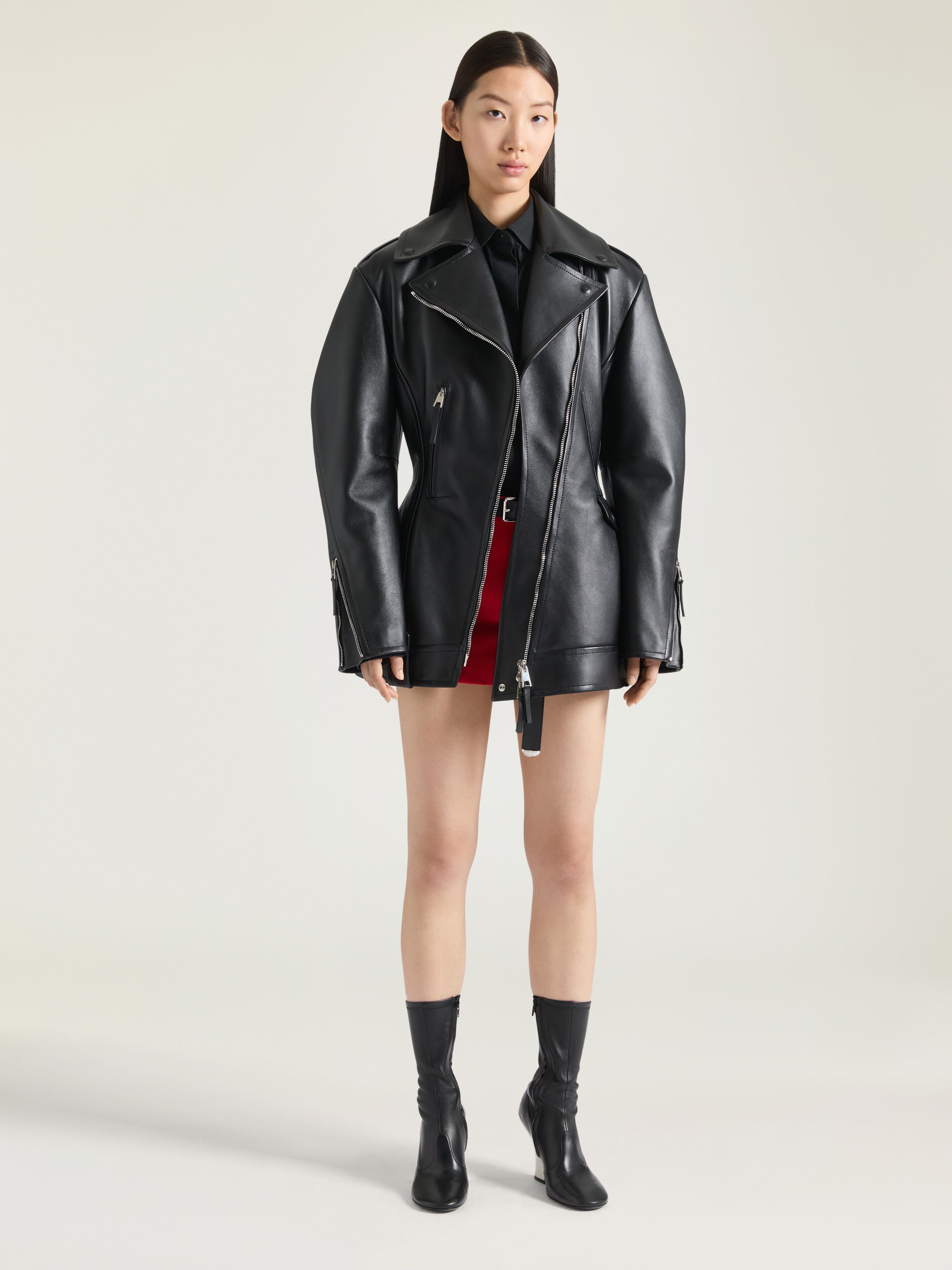 Cinched biker jacket in leather